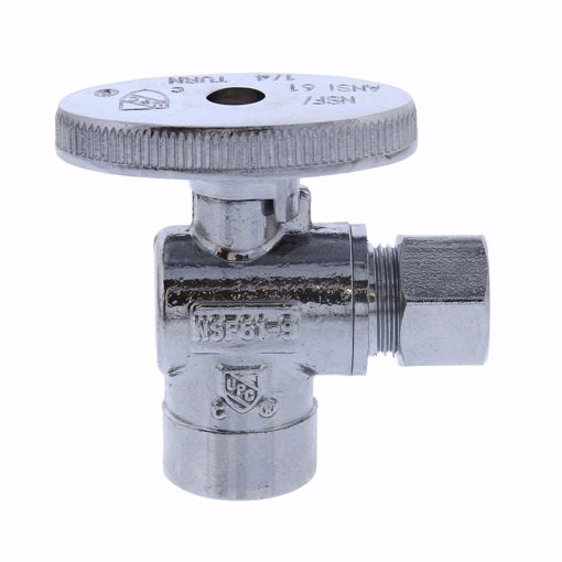 Picture of 1/2" SWT x 3/8" OD Comp Quarter-Turn Angle Supply Stop Valve, Chrome Plated