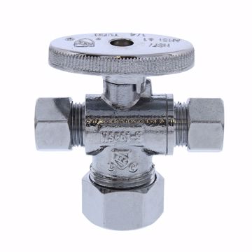 Picture of 5/8" OD Comp x 3/8" OD Comp x 3/8" OD Comp Quarter-Turn Dual Outlet Supply Stop Valve, Chrome Plated