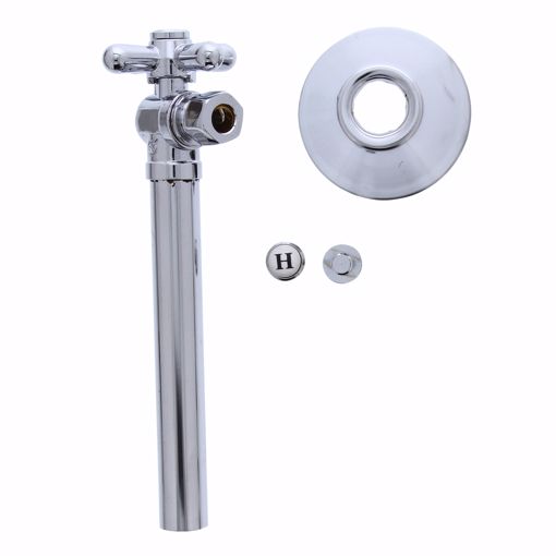 Picture of 3/8" OD Comp x 1/2" SWT Quarter-Turn Angle Supply Stop Valve with Cross Handle, 5" Extension and Escutcheon, Chrome Plated