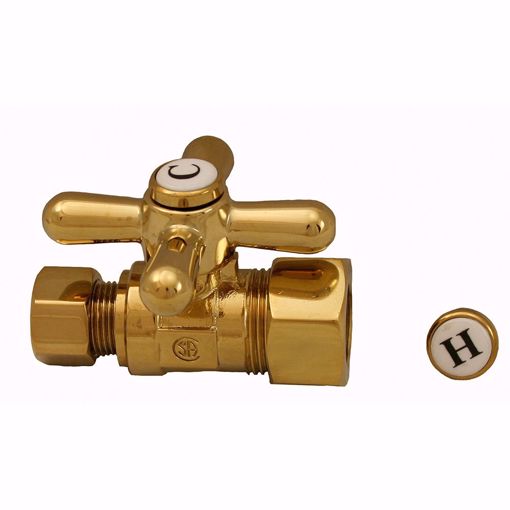 Picture of 5/8" OD Comp x 3/8" OD Comp Quarter-Turn Straight Supply Stop Valve with Cross Handle, Polished Brass