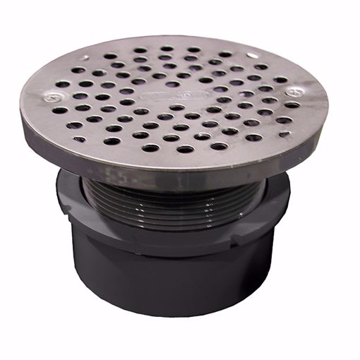 Picture of 4" PVC Hub Fit Drain Base with 3-1/2" Plastic Spud and 5" Stainless Steel Strainer