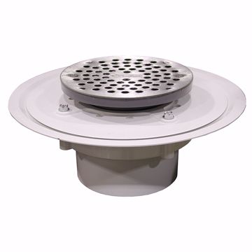 Picture of 4" Heavy Duty PVC Drain Base with 3-1/2" Plastic Spud and 6" Stainless Steel Strainer