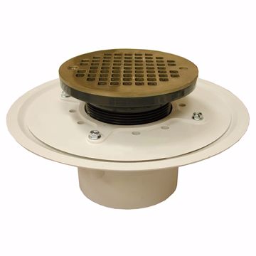 Picture of 4" Heavy Duty PVC Drain Base with 3-1/2" Plastic Spud and 6" Nickel Bronze Strainer