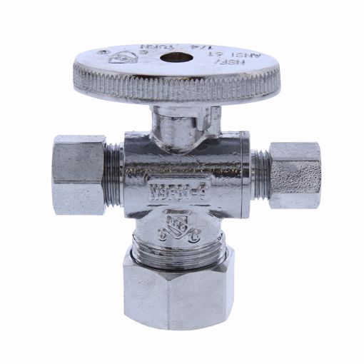 Picture of 5/8" OD Comp x 3/8" OD Comp x 1/4" OD Comp Quarter-Turn Dual Outlet Supply Stop Valve, Chrome Plated