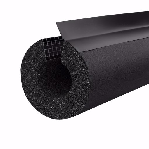 Picture of 1-3/8" ID (1-1/4" CTS 1" IPS) Self-Sealing Black Rubber Pipe Insulation with Overlap Tape, 1/2" Wall Thickness, 120 ft. per Carton