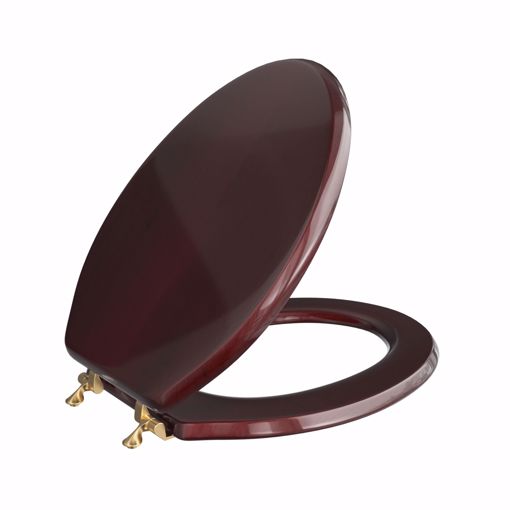 Picture of Mahogany Designer Wood Toilet Seat with Piano Finish, Closed Front with Cover, Polished Brass Hinges, Elongated