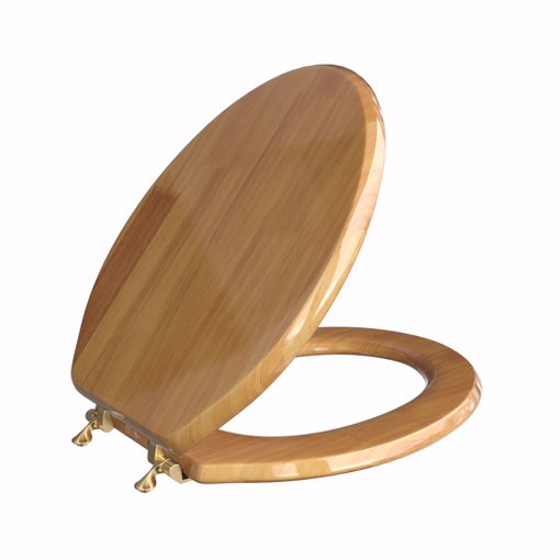 Picture of Natural Oak Designer Wood Toilet Seat with Piano Finish, Closed Front with Cover, Polished Brass Hinges, Elongated