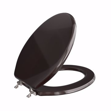 Picture of Dark Brown Designer Wood Toilet Seat with Piano Finish, Closed Front with Cover, Brushed Nickel Hinges, Elongated