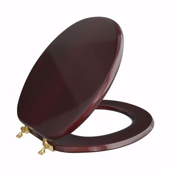 Picture of Mahogany Designer Wood Toilet Seat with Piano Finish, Closed Front with Cover, Polished Brass Hinges, Round