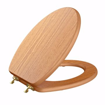 Picture of Natural Oak Designer Wood Toilet Seat, Closed Front with Cover, Polished Brass Hinges, Elongated