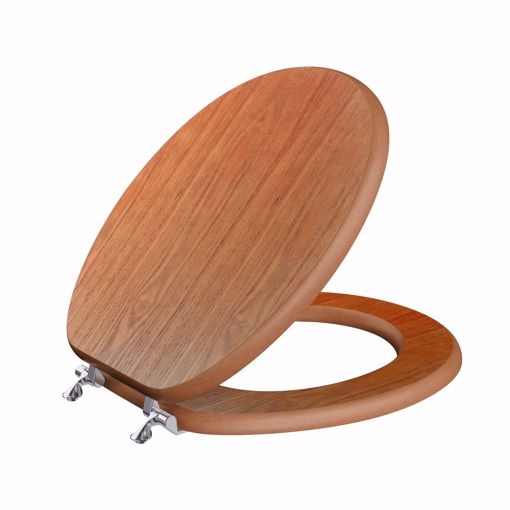 Picture of Oak Designer Wood Toilet Seat, Closed Front with Cover, Chrome Hinges, Round