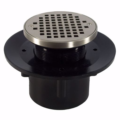 Picture of 3" x 4" Heavy Duty ABS Slab Drain Base with 3-1/2" Plastic Spud and 5" Nickel Brass Strainer with Ring