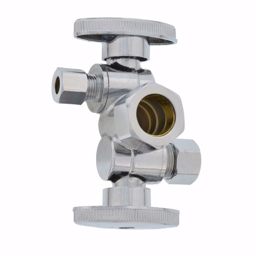 Picture of 5/8" OD Comp x 3/8" OD Comp x 1/4" OD Comp Quarter-Turn Dual Outlet and Handle Supply Stop Valve, Chrome Plated