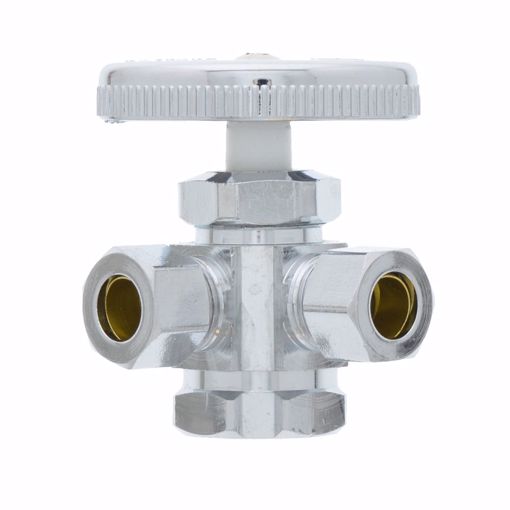 Picture of 1/2" FIP x 3/8" OD Comp x 3/8" OD Comp Dual Outlet Angle Supply Stop Valve, Chrome Plated