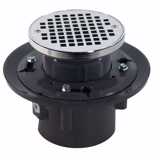 Picture of 2" x 3" Heavy Duty PVC Drain Base with 3-1/2" Plastic Spud and 6" Chrome Plated Strainer with Ring