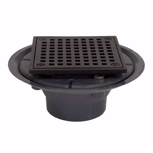 Picture of 2" x 3" PVC Shower Drain with 2" Brass Spud and 4-1/4" Square Oil Rubbed Bronze Strainer with Grout Ring