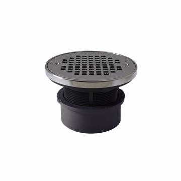 Picture of 4" PVC Hub Fit Drain Base with 3-1/2" Plastic Spud and 6" Chrome Plated Strainer with Ring