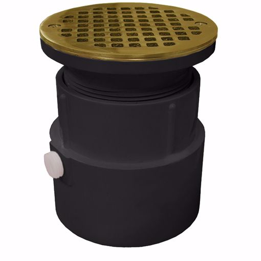 Picture of 4" PVC Over Pipe Fit Drain Base with 3-1/2" Plastic Spud and 5" Polished Brass Strainer