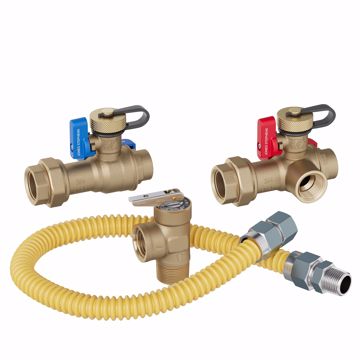 Picture of 3/4” SWT Tankless Water Heater Valve Service Kit with Pressure Relief Valve and Gas Connector