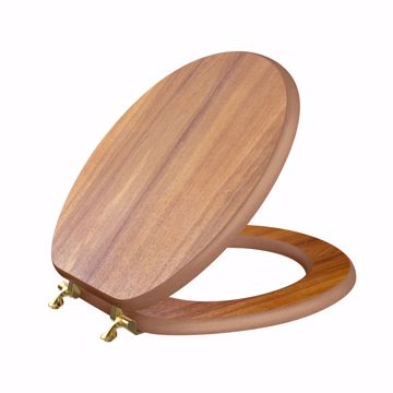 Picture of Natural Oak Designer Wood Toilet Seat, Closed Front with Cover, Polished Brass Hinges, Round