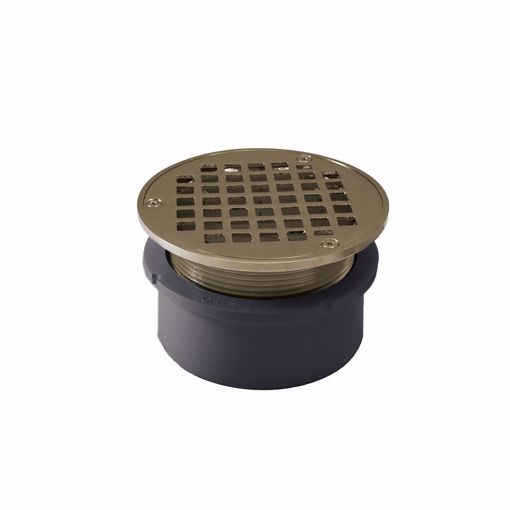 Picture of 4" PVC Hub Fit Drain Base with 3-1/2" Metal Spud and 5" Nickel Bronze Strainer