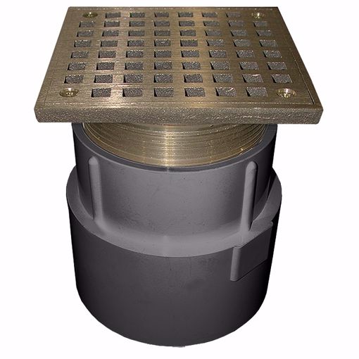 Picture of 4" PVC Over Pipe Fit Drain Base with 3-1/2" Metal Spud and 6" Polished Brass Strainer