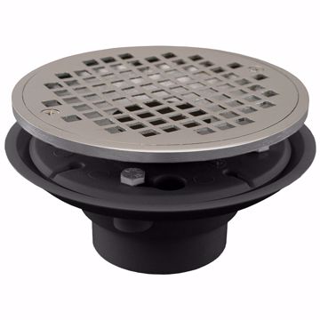 Picture of 2" x 3" PVC Shower Drain with 2" Brass Spud and 6" Round Chrome Plated Strainer