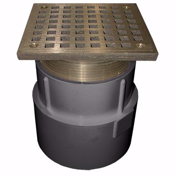 Picture of 4" PVC Over Pipe Fit Drain Base with 3-1/2" Metal Spud and 6" Polished Brass Strainer