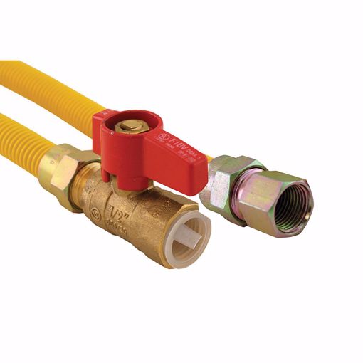 Picture of 5/8" OD (1/2" ID) X 18" Long, 3/4" Female Pipe Thread X 3/4" Female Pipe Thread Ball Valve, Yellow Coated Corrugated Stainless Steel Gas Connector Assembly